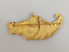 Tona Thanksgiving Autumn Fall Gold Tone Enamel Cornucopia Pumpkin Brooch Signed