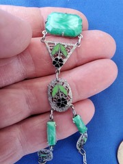 ORIGINAL Art DECO 1920 CZECH GREEN PEKING GLASS ENAMEL FILIGREE Rhodium NECKLACE