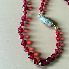 Czech Glass Bead Necklace Red Vintage Faceted Graduated Statement Long 24 Inch