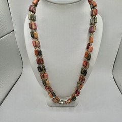 Vintage 48” Acrylic Rectangular Beads Necklace – Gold Tone Chain – Autumn Hues