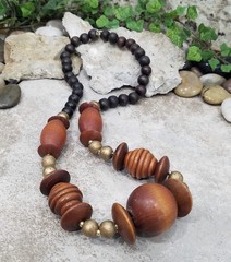 Vintage Circa 1970s Tribal Boho Ethnic Large Chunky Wood Geo Bead Necklace