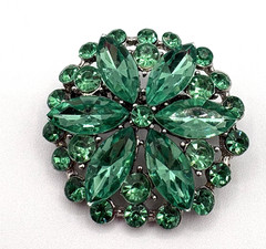 Gorgeous Green Floral Brooch Silver Tone Foil Back Navette Shaped Stones 1.5″