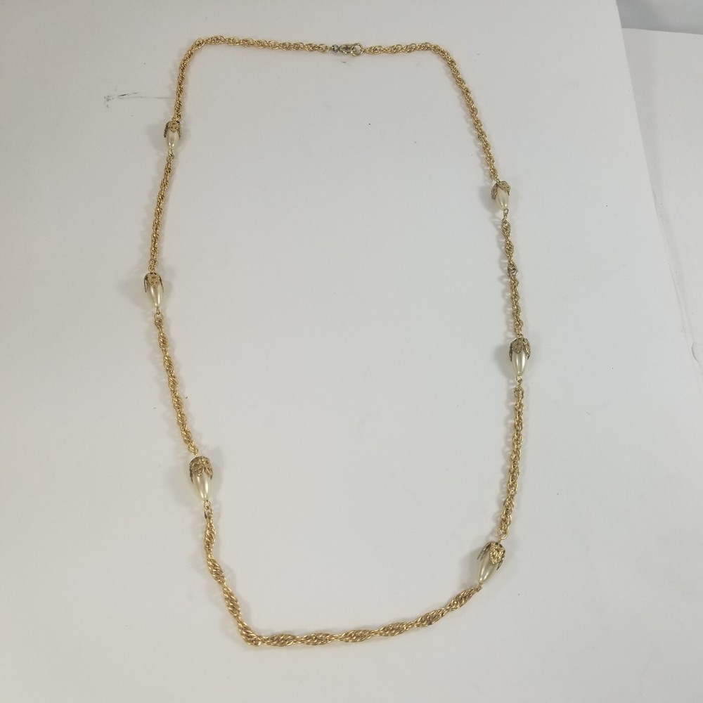 Vintage Gold Tone Faux Pearl Rope Link Chain Necklace 30.5” Long