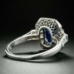 2.50Ct Blue Sapphire Emerald Bezel Set Antique Wedding Ring Solid 14K White Gold