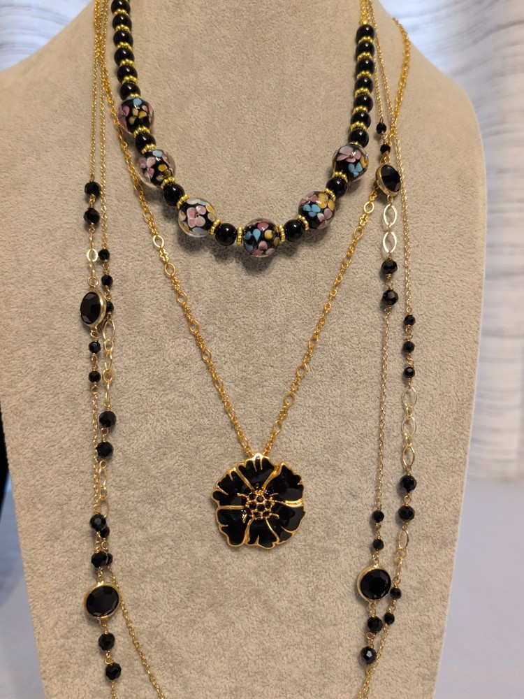 Vintage Necklace Lot Of 3 Venetian Glass Enamel Bezel Set Crystal Floral Layer