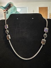 Vtg Silver Toned Herringbone Necklace Orange Burgundy Purple Rhinestones Korea