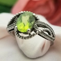 Silver Oval Peridot Cubic Zirconia Filigree Ring-925-Sterling-10mm Peridot-1.50c