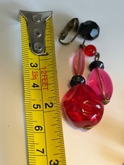 Vintage GERMANY Bright Red Pink Lucite Beaded Dangle Clip Earrings Retro