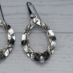 Sterling Silver Dangle Hoop Earrings 925 Two Toned Wire Wrapped Hand Made 2”