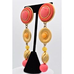 Vintage Statement Dangle Earrings Coral Orange Brushed Gold Beaded Chunky BinBK