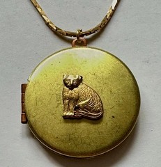 VINTAGE LOCKET ROUND BRASS CAT PENDANT 1 1/4″ NECKLACE 24″ VTG BRASS CHAIN