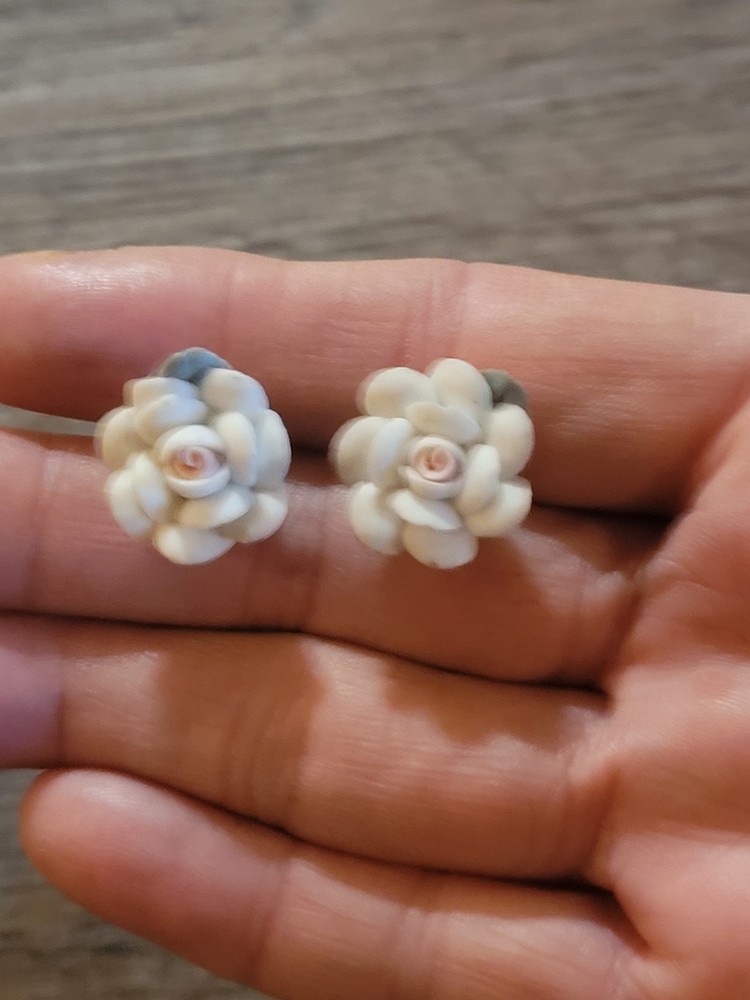 Vintage Ceramic Porcelain Enamel Rose Earrings MCM Art Deco Jewelry Retro Boho