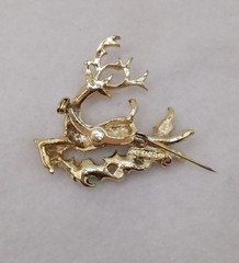 Flying Rudolph Reindeer Brooch, Gerrys brand, Gold tone enameled holly branches