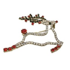 Reindeer Brooch Deer Pin Crystal Gold tone Christmas Holiday Gift Flying Vtg #5