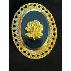 Vintage Black and Gold Toned Rose Brooch Pendant Whimsigoth Dark Romance
