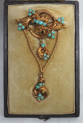 ANTIQUE 18K GOLD & TURQUOISE c.1880’s BROOCH IN FITTED CASE