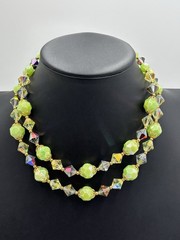 Vintage Lucite Lime Neon Green Beaded Double Strand Necklace 15″