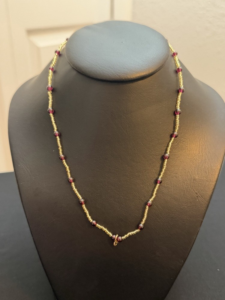 Vintage Bead Necklace Red and Garnet Gold Tone 16.5 Inches