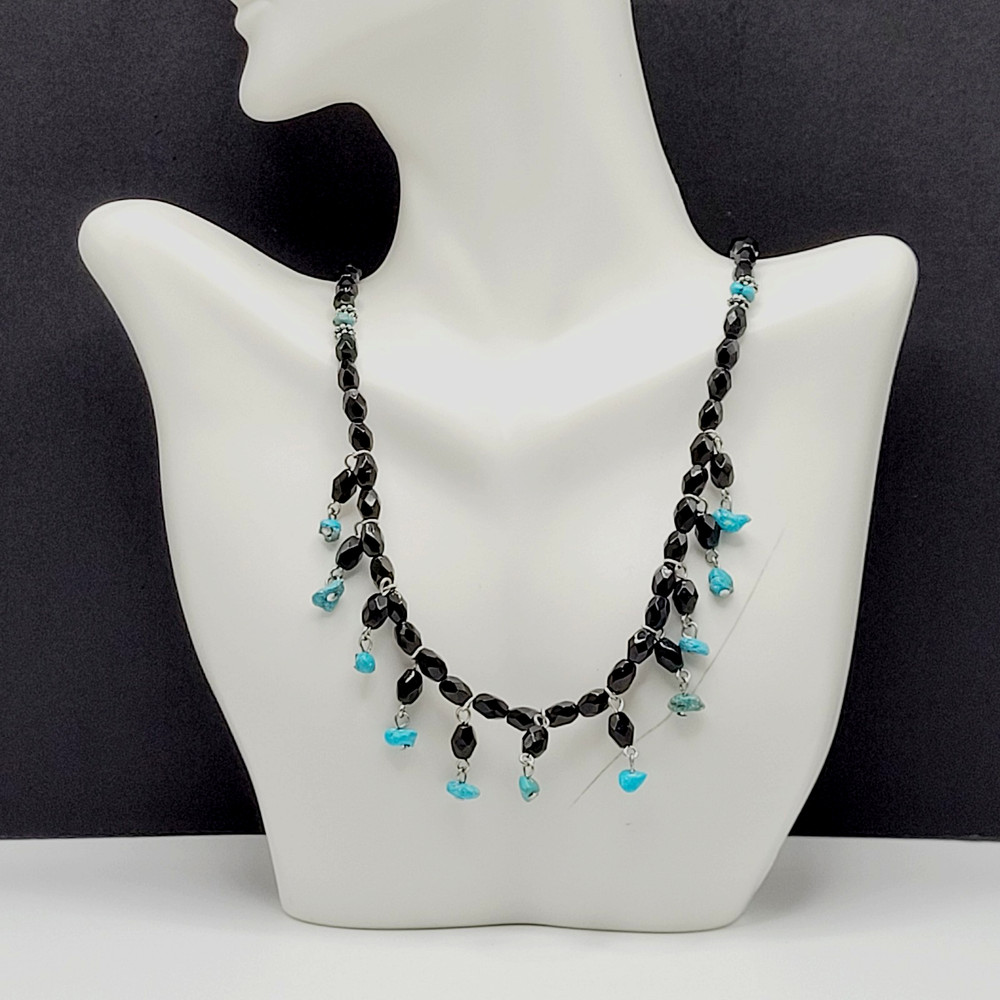 Southwestern Style Black Glass Faux Turquoise Beaded Fringe Vintage Necklace