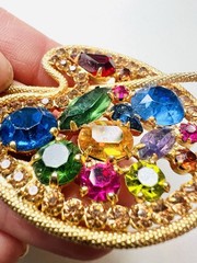 Vintage Weiss Brooch Pin Red Blue Green Rhinestone Artist Painters Palette ￼