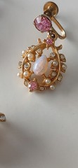 WOW Vintage Faux Pearl Pink Fire Opal Rhineston Brooch Pin & Screwback Earrings