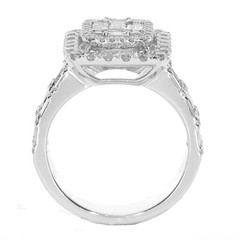 LARGE .99CT DIAMOND 18KT WHITE GOLD ROUND & BAGUETTE DOUBLE HALO ENGAGEMENT RING