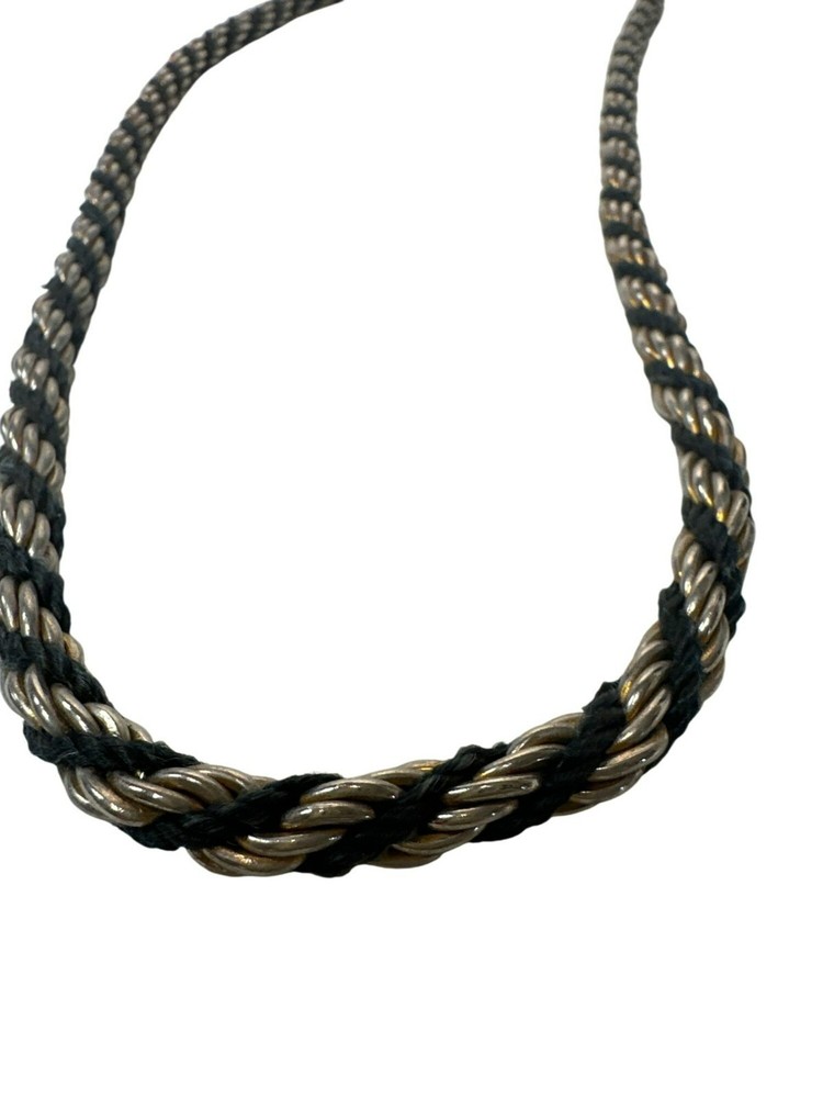 Vintage Black & Silver Braided Rope Necklace Heavy Gold Tone Unisex Twisted Link
