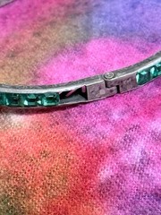 Antique 1920s Art Deco Sterling Silver & Green Channel Set Paste Bangle Bracelet