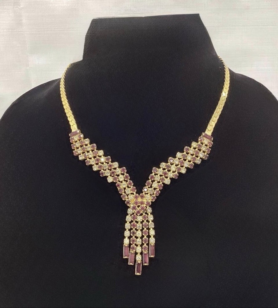 Hobe Necklace And Earrings Gold Tone Clear/Purple Rhinestones Fringe