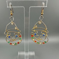 Vintage Clown Earrings Gold Tone Multicolor Rhinestone Artisan Open Wire Work