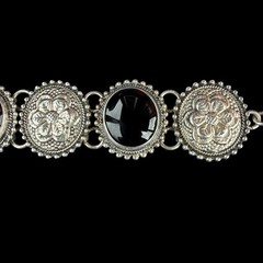 Cll Mexico Black Onyx Gemstone Sterling Silver 925 Floral Bracelet Sz. 7 3/4″