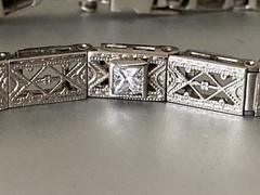 Antique Art Deco 14k White Gold Filigree Bracelet Diamond Sapphire 7 3/8” 6.5grs