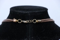 Long Gold Tone Circle Link Necklace Hammered Rings Brown Cord