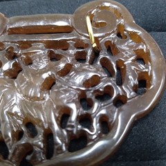 Carved Brown Stone Pendant Gold Tone
