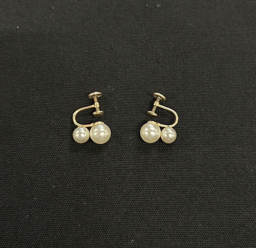 Vintage JMS 1/20 12K GF Double Pearl Stud Earrings With Screw Backs