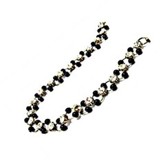 Vintage Tiny Black Bead and Rhinestone Bracelet Circle Links in Silver Tone