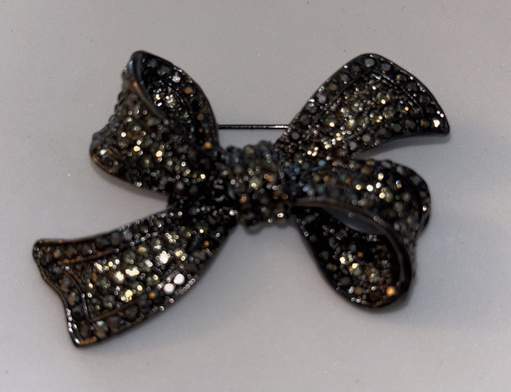 Rhinestone Bow Brooch Pin Black Tone Sparkly Vintage Style 2.5 Inch Free Ship
