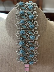 Vintage Silver Tone Blue Thermoset Enamel Wide Cuff Link Bracelet 7 1/2 Inch