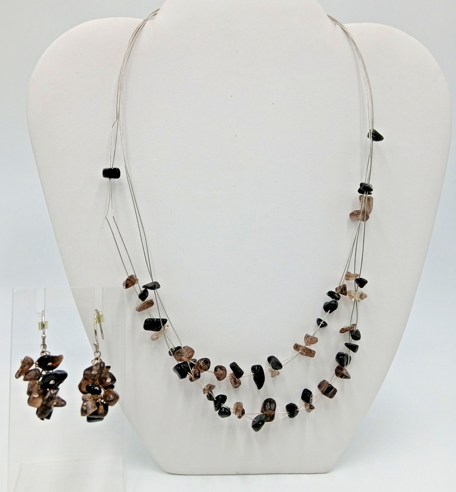 VTG 925 ATI Necklace Earrings Set 20in Smoky Quartz Black Onyx Chip Beads READ