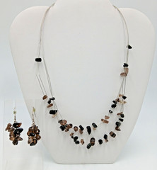 VTG 925 ATI Necklace Earrings Set 20in Smoky Quartz Black Onyx Chip Beads READ
