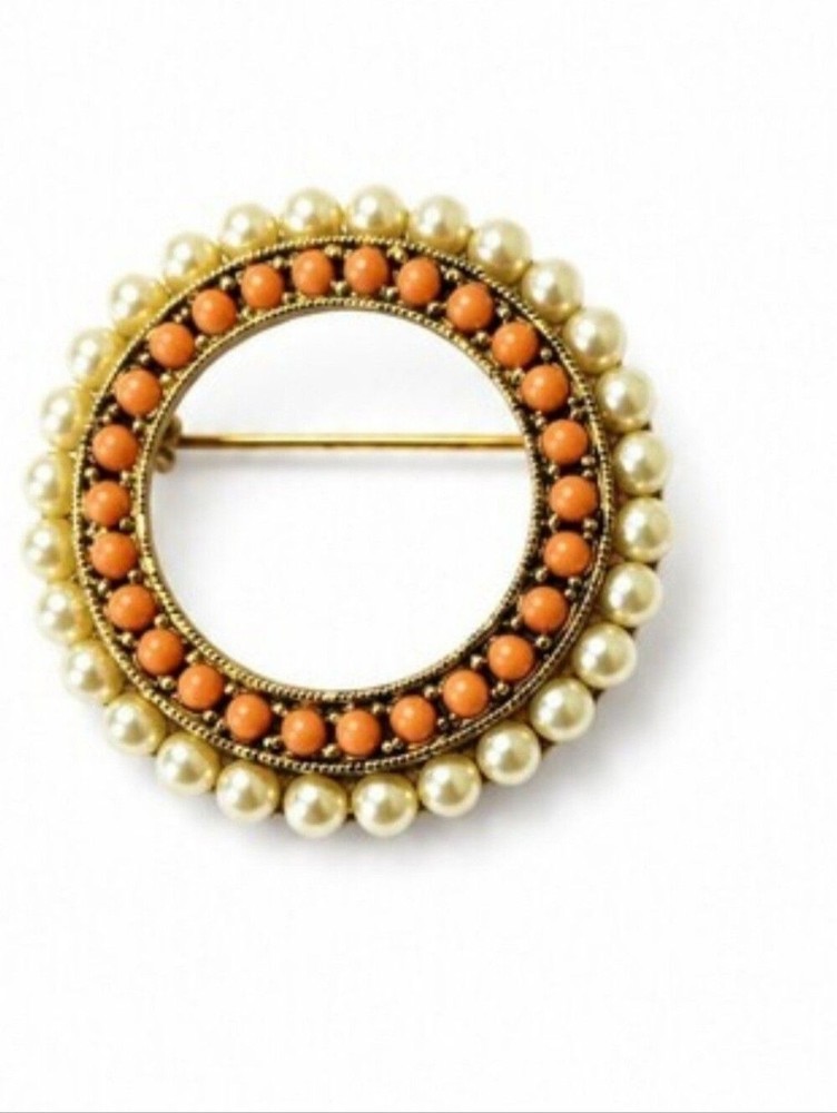 Vintage MCM Faux Pearl Coral Circle Brooch Gold Tone Mid Century Modern Pin