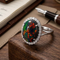 18K Gold Plated Sterling Silver Natural Black Opal Oval Engagement Ring for Her