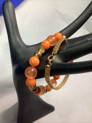 Lot 2 Expandable Coral Color Beads & Gold Tone Snakeskin Weave Bracelet L36
