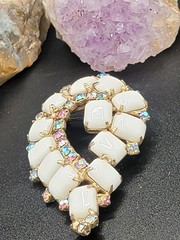 VTG Art Deco Revival Milk Glass AB Rhinestone 2.38″ Teardrop Brooch Pin