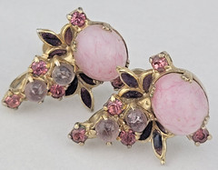 Victorian Pink Molded Glass Gripoix Cabochon Purple Enamel Screw Earrings 1 1/8″