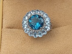 Pretty Sterling Silver Ring Round London Blue & Oval Blue Topaz Stones Size 5.75