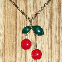 SUGARFIX Cherry Pendant Necklace Fruit Cherries Enamel Gold Tone Chain Signed