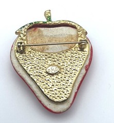 Strawberry Brooch Signed Lind Gal LG Painted Porcelain Signed Vintage Jewelry