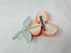 Vintage Peach Pink and Green Enamel Metal 3.5″ Flower Brooch Pin