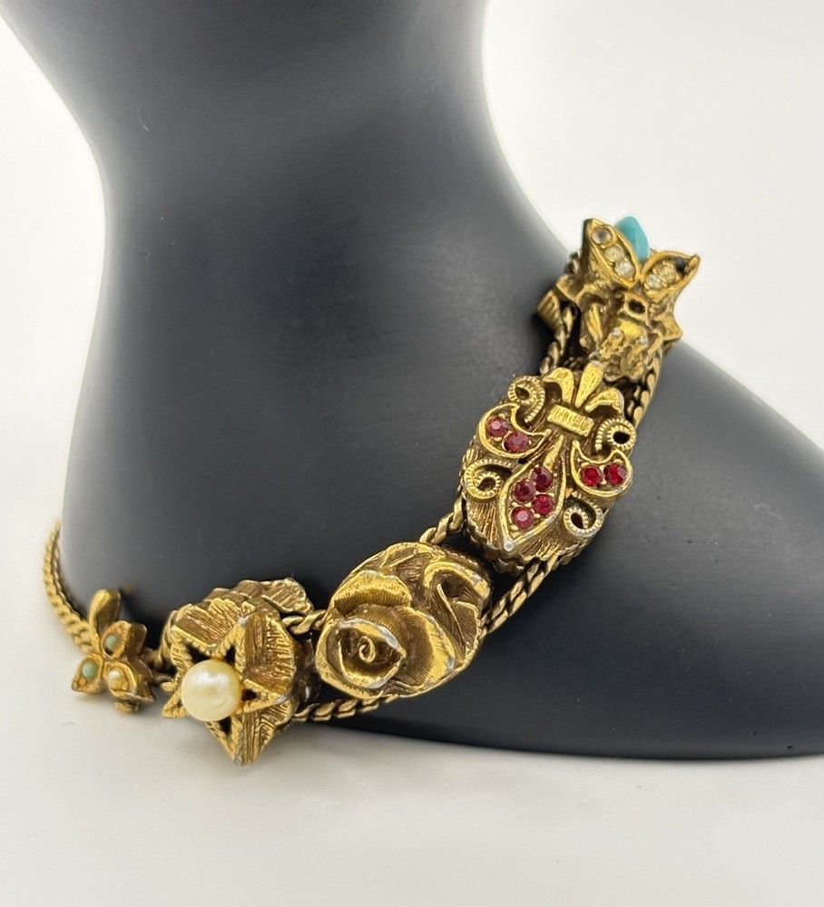 Vtg Goldette Sliding Charm Bracelet Goldtone Gemstone 7″ Bug Fleur De Lis Star